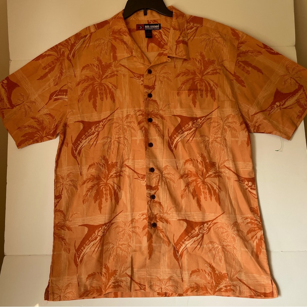 Reel Legends XL Hawaiian Shirt Swordfish Matched Pocket Wood Buttons A8